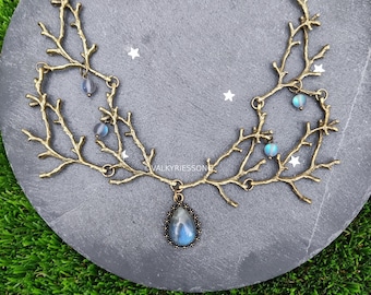 Antiqued Bronze Branch Necklace, Labradorite Teardrop, Elven Woodland Jewelry