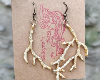 Gold Branch Earrings, Rustic Asymmetric Dangle Earrings