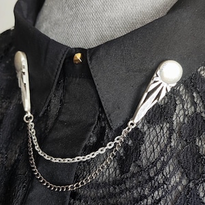Art deco collar pins, vintage style sun ray brooch with chain, silver spike collar pin, pointy collar tips, collar chain, lapel pins men