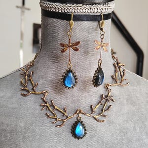 Copper Branch Labradorite Jewelry Set: Dragonfly Earrings, Elven Necklace