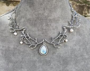 Magical Forest twig necklace - moonstone necklace - silver branch necklace - elven necklace - fairy gothic jewelry fairytale wedding jewelry
