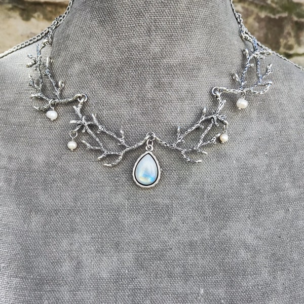 Magical Forest twig necklace - moonstone necklace - silver branch necklace - elven necklace - fairy gothic jewelry fairytale wedding jewelry