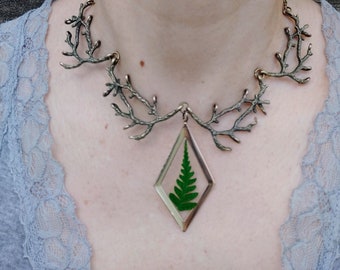 Fern necklace, real pressed leaf necklace, bronze bib branch necklace, green witch jewelry, green leaf necklace, botanical nature jewelry