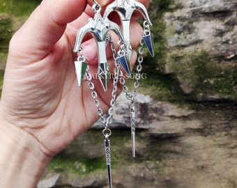 Gothic crossbow earrings, silver statement gothic earrings, large spike earrings with chain, warrior jewelry, bolts, pivots archery jewelry