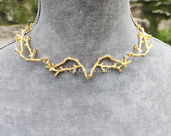 Elven gold branch necklace, elven necklace, statement twig choker necklace, branch choker, elvish elven jewelry tree branch fantasy jewelry