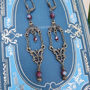 Ruby red earrings, long dangle rennaissance earrings, chandelier victorian burgundy crystal earrings, gothic dark red jewel earrings vampire