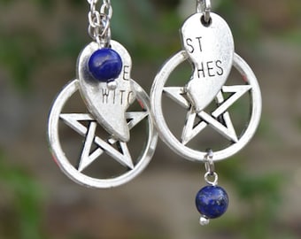 Best witches necklaces set with blue stone, silver pentacle necklace, witch necklace, friendship necklace, bestie gift bff necklace matching