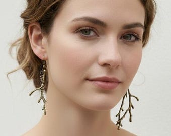 Bronze branch earrings, dangle long asymmetrical earrings, organic nature jewelry
