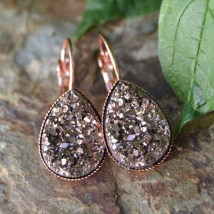 Rose gold earrings bridesmaids, rose gold druzy earrings, rose gold bridesmaid earrings set of 3 4 5 rose gold teardrop earrings lever back image 2