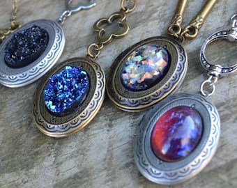 Druzy or opal locket necklace, your choice of Victorian style locket in silver or bronze, silver Dragons breath opal necklace Vintage