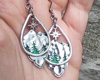 Silver green pine tree earrings, dangle forest earrings, mountain jewelry, wanderlust jewelry, fun earrings hand painted tree line earrings