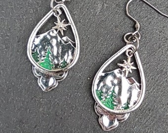 Silver mountain earrings, dangle landscape earrings, green tree earrings, tiny star earrings, hand painted nature jewelry