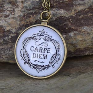 Antique bronze Carpe diem pendant necklace, Inspirational Motivational jewelry vintage style image 1