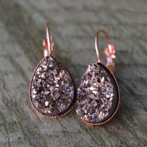 Rose gold earrings bridesmaids, rose gold druzy earrings, rose gold bridesmaid earrings set of 3 4 5 rose gold teardrop earrings lever back image 1