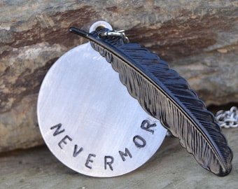 Nevermore necklace Poe necklace hand stamped raven necklace, Edgar Allan poe jewelry black feather necklace, stainless steel