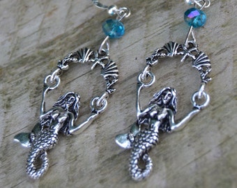 Silver mermaid earrings dangle with aqua crystal, silver mermaid jewelry, siren earrings, whimsical earrings mermaidcore jewelry sea fantasy