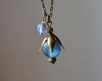 Dark woodland necklace, dark crystal necklace, antique brass tulip necklace crystal sphere, black crystal necklace, dark mori woodland