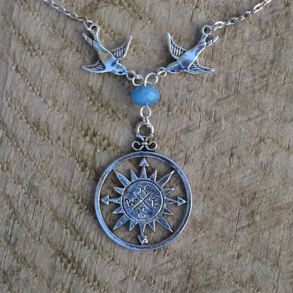 Retro style compass necklace with birthstone, silver swallow birds necklace, rockabilly jewelry, long distance relationship gift vintage