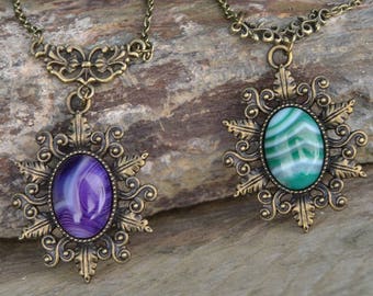 Gemstone leaf necklace, green agate necklace, green or purple cameo necklace, purple agate necklace, medallion victorian medieval jewelry