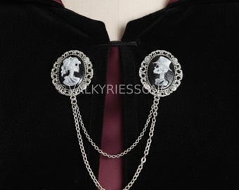 Goth Skull Cameo Brooch with Chain, Victorian Skeleton Collar Pins, Halloween Jewelry