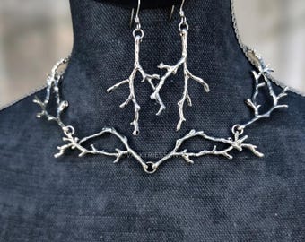 Elven jewelry set, silver metal alloy steel twig branch necklace and earrings, elvish fantasy jewelry, magical bridal nature inspired