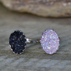 Cocktail ring silver, boho rings large druzy ring oval ring, black crystal ring bohemian jewelry light purple crystal rings