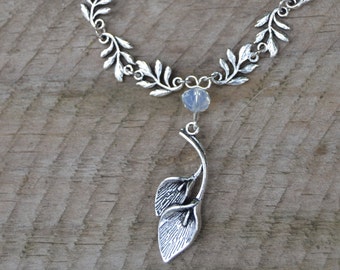 Calla lily necklace silver leaf necklace with opalites, opal beaded necklace, spring jewelry, victorian fairy necklace floral jewelry