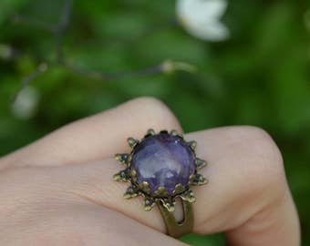 Antique brass amethyst ring vintage style bronze Purple flower ring, amethyst flower ring, amethyst jewelry floral jewelry