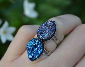 Druzy ring, statement ring, resin imitation druzy drop ring in silver or rose gold blue druzy ring, purple druzy ring