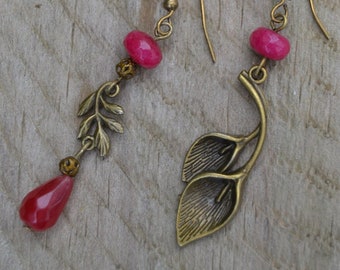 Ruby red calla lily and branch mismatch earrings, retro vintage style long flower earrings, ruby drop, lily earrings, brass leaf earrings