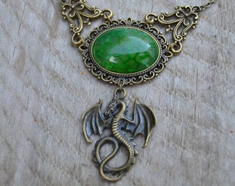 Bronze dragon necklace, green stone dragon choker, green dragon vein agate necklace, dragon egg necklace dragon jewelry fantasy jewelry