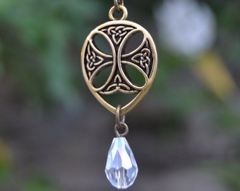Antique gold celtic cross necklace, celtic knot teardrop necklace, celtic AB clear crystal drop necklace, gold celtic jewelry dainty
