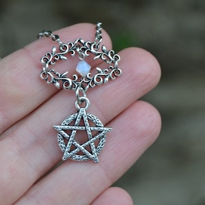 Silver pentacle necklace with opal crystal, nature twig branch pentagram necklace, dainty woodland witch necklace, witchy gifts