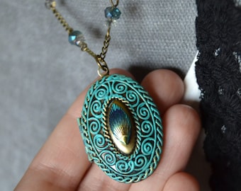 The mermaid locket necklace, turquoise locket necklace, crystal beaded locket necklace, mermaid jewelry patina oval locket necklace vintage