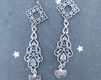 Filigree Dangle Drop Long Earrings, Silver Alloy & Stainless Steel Victorian Style Art Nouveau Jewelry