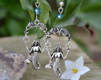 Silver mermaid earrings dangle with aqua crystal, silver mermaid jewelry, siren earrings, whimsical earrings mermaidcore jewelry sea fantasy