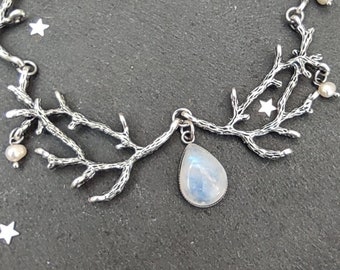 Magical Forest twig necklace - moonstone necklace - silver branch necklace - elven necklace - fairy gothic jewelry fairytale wedding jewelry