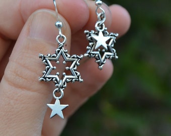 Mismatched star earrings silver, stainless steel asymmetrical earrings, simple dainty dangle celestial jewelry, gift for woman