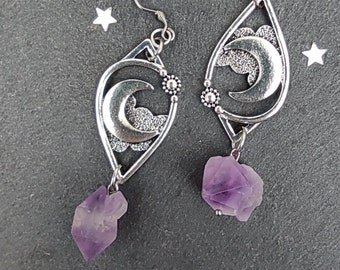 Orecchini a forma di luna con ametista, pendenti in argento, cristallo grezzo, gioielli celestiali boho