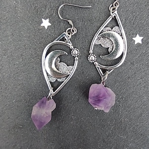 Purple crystal moon earrings, silver dangle raw amethyst earrings, celestial earrings, mismatch boho crescent moon moonchild