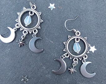 Triple moon earrings with white opal crystal, dangle silver moon and star earrings witch chandelier earrings opalite drop celestial earrings