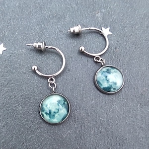 Glühen in den dunklen Mondohrringen, silbernen Edelstahl Halbcreolen, himmlische Schmuck, Astronomie Geschenke für Frau Nachthimmel Liebhaber
