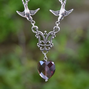 Silver birds necklace, retro purple crystal heart necklace Romantic Jewelry Swallows necklace Rockabilly Jewelry, pin up jewelry image 2