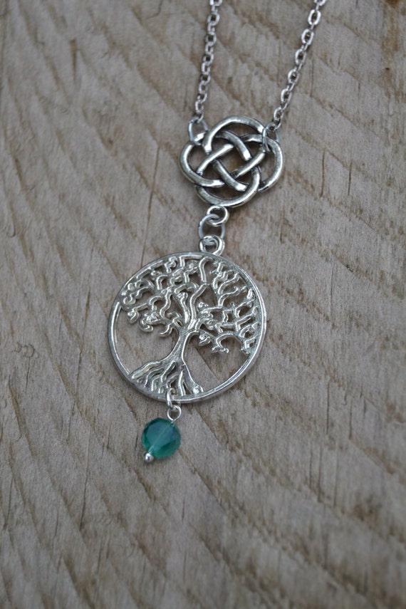 Celtic Tree of Life Necklace Silver Green Crystal Tree Necklace