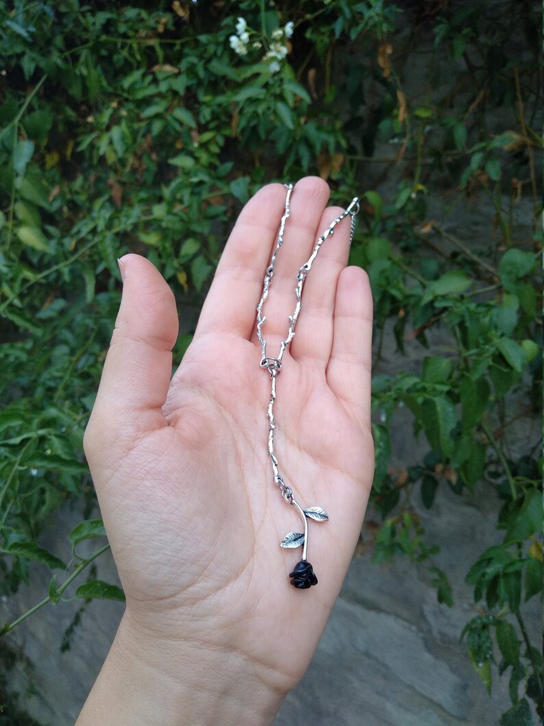 Black rose necklace silver Y necklace dainty branch necklace Etsy