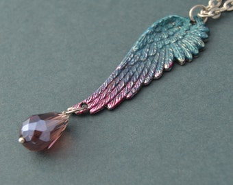 Purple Blue Wing Necklace silver stainless steel chain, angel wing pendant with crystal drop hand painted colorful jewelry