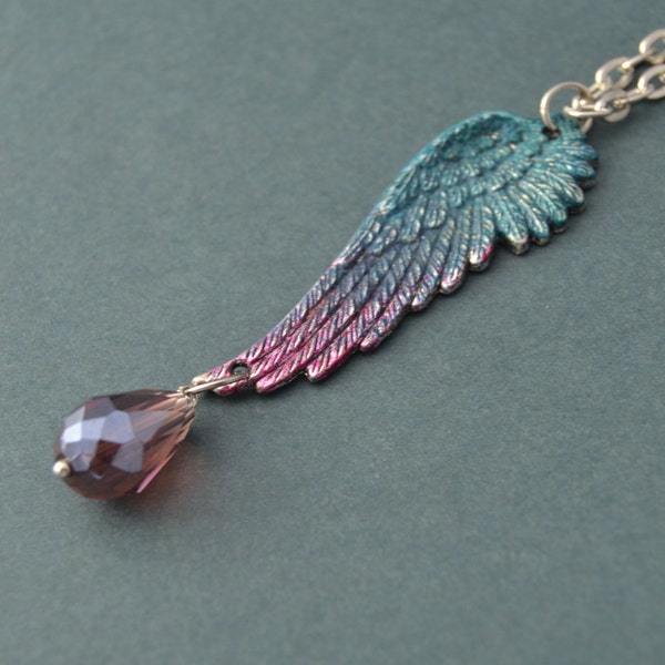 Purple Blue Wing Necklace silver stainless steel chain, angel wing pendant with crystal drop hand painted colorful jewelry