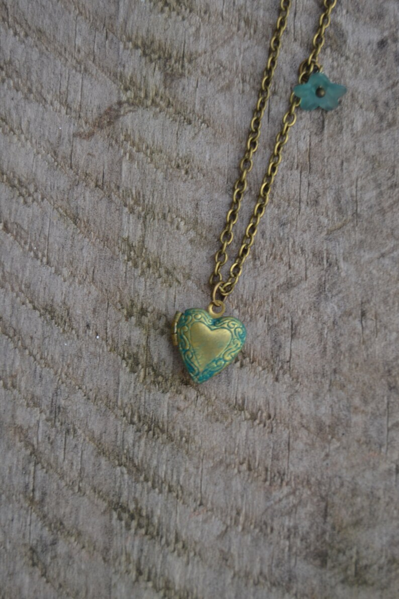Dainty Tiny Brass Locket Small Heart Locket Necklace Green Etsy