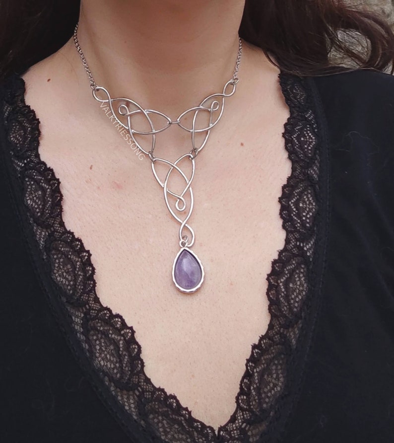 Amethyst celtic knot choker necklace, silver celtic necklace with amethyst drop, statement amethyst necklace, fairycore renfaire accessories image 6