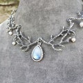 Elven Forest twig necklace, moonstone necklace, silver branch necklace, steel & alloy elvish jewelry, gothic fairy fantasy wedding jewelry